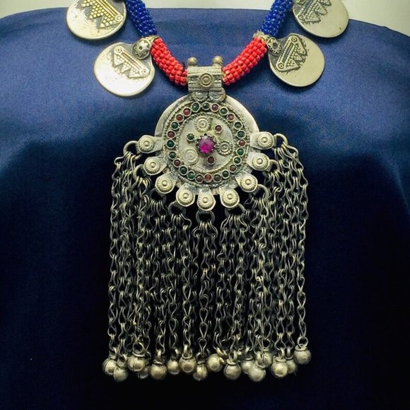 Vintage Coins Necklace With Dangling Pendant,Tribal Beaded Pendant Necklace - Picture 6 of 7
